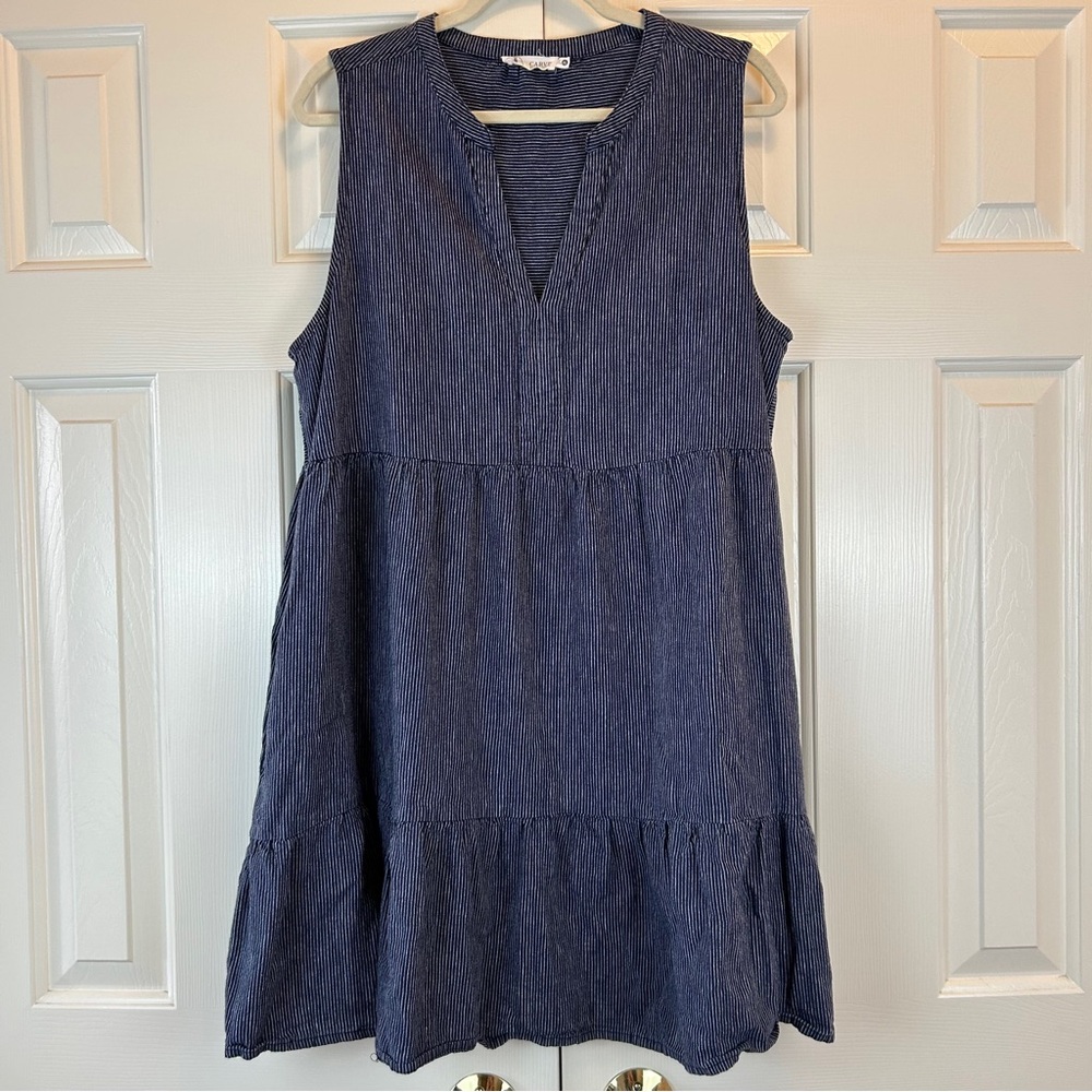 Sleeveless V-Neck Tiered Cotton Dress - Navy